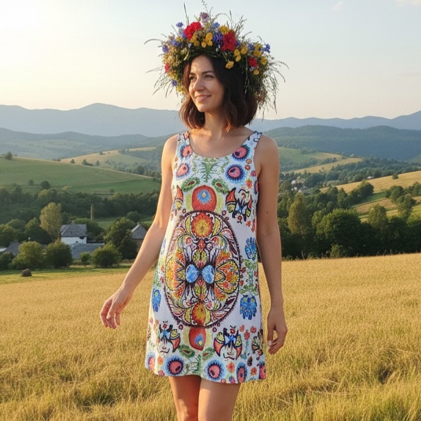 Dámske biele tielkové mini šaty s kohútmi a folklórnym vzorom