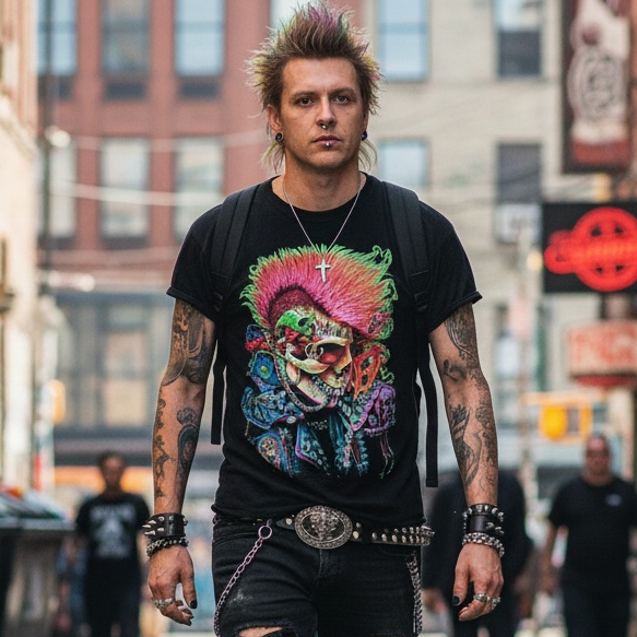 Čierne pánske - unisex tričko s Punkovým vzorom lebky s reálnym piercingom - zadná strana s nápisom "Punks not dead"