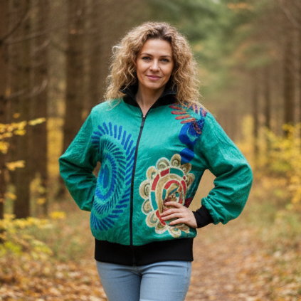 Zeleno čierna dámska mikina na zips so vzorom farebných mandál a s kvetmi na chrbte