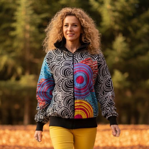 Čierno biela dámska mikina na zips so vzorom farebných mandál a s motýľom na chrbte