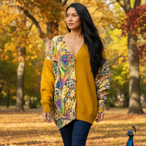 Dámsky horčicový sveter s farebnými pávimi pierkami