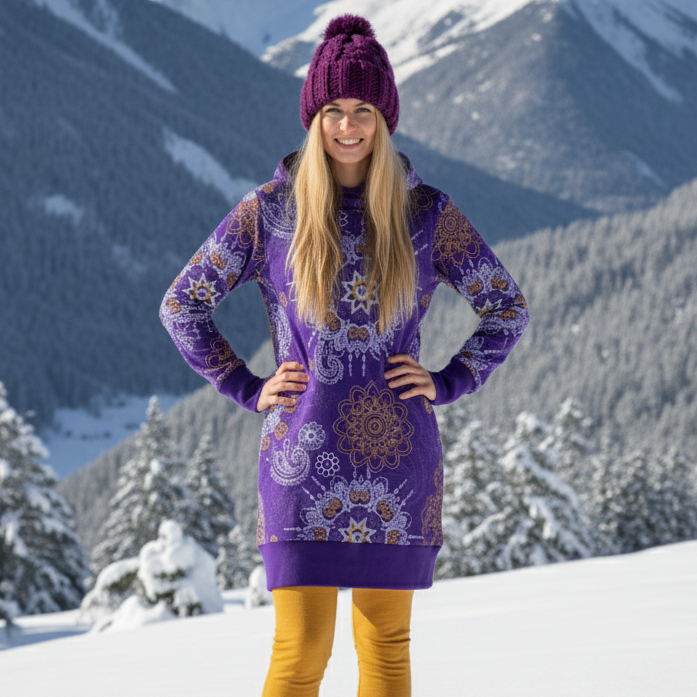 Teplé fialové mikinové šaty s dlhým rukávom so vzorom mandál a kapucňou