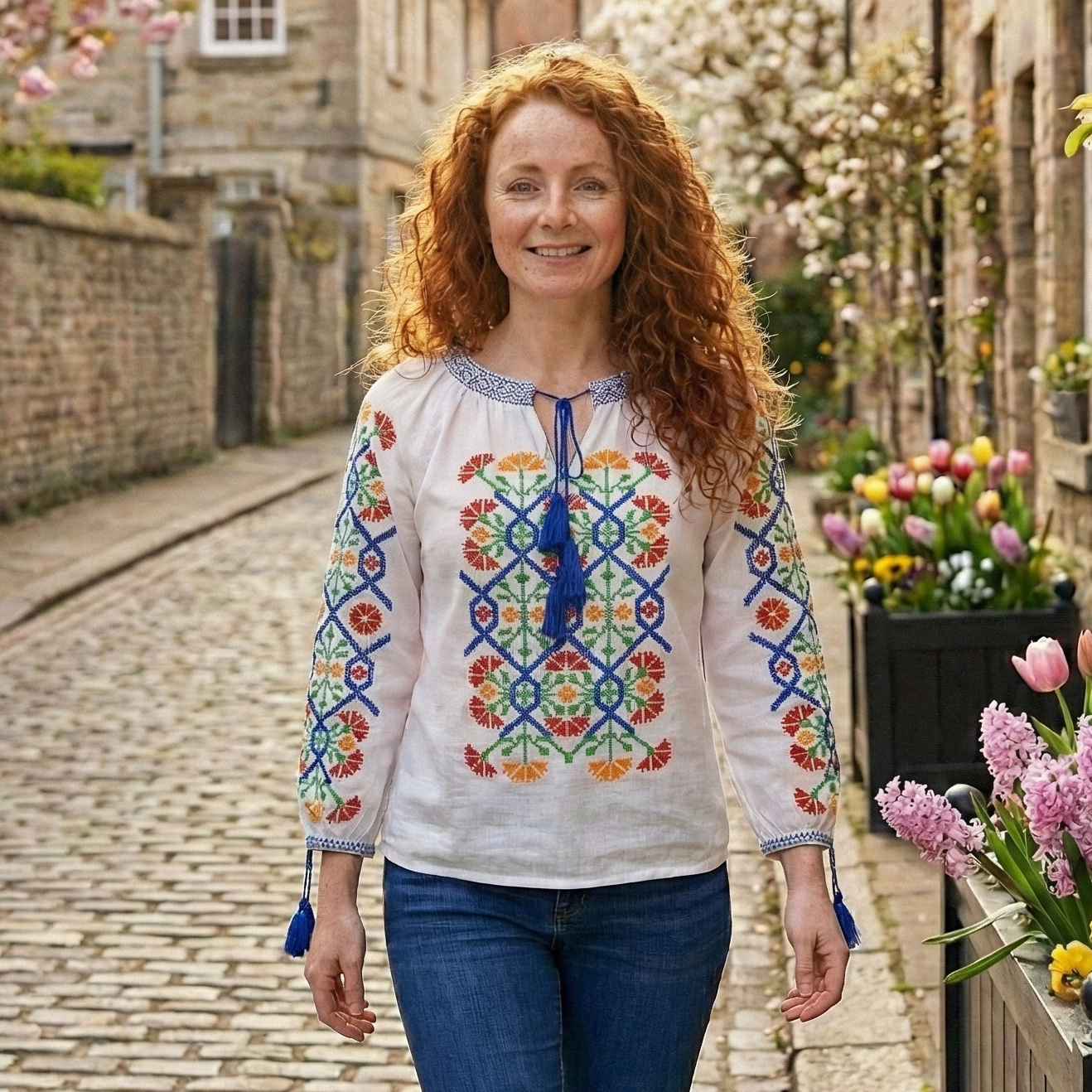 Dámska bavlnená blúzka s vyšívanými karafiátmi