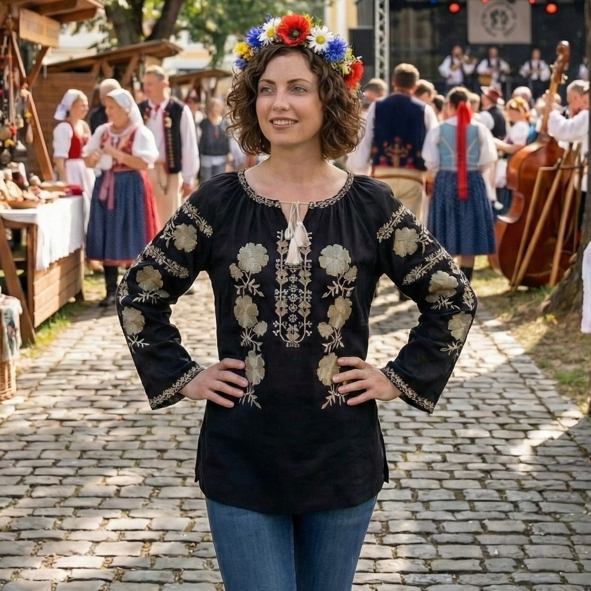 Dámska čierna bavlnená blúzka s výšivkou