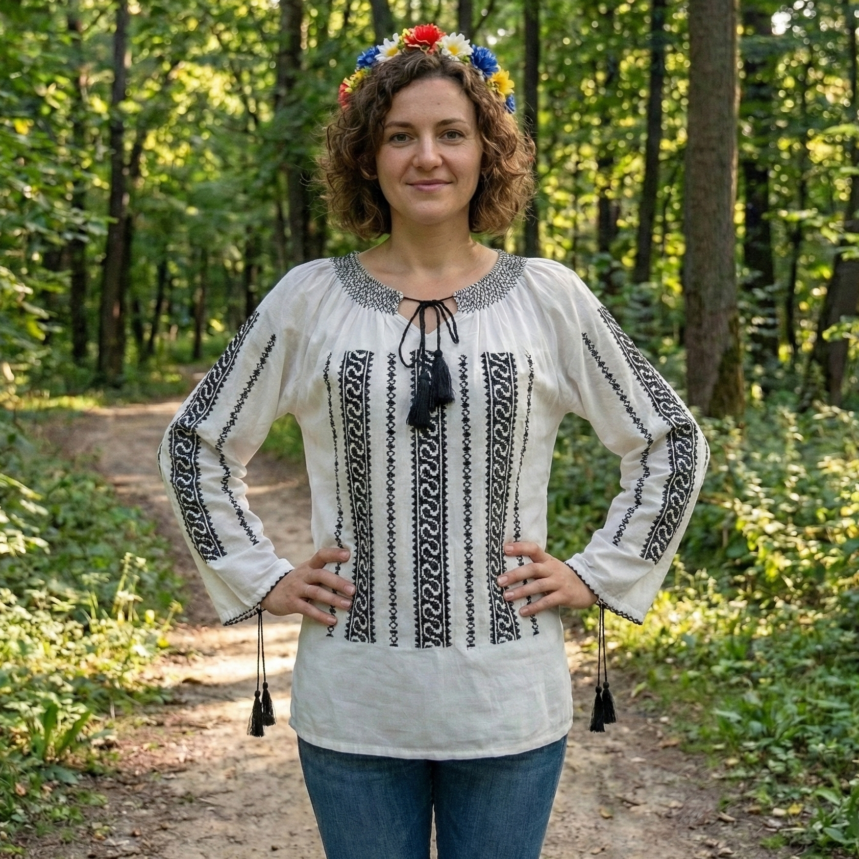 Biela dámska bavlnená blúzka s čiernou výšivkou