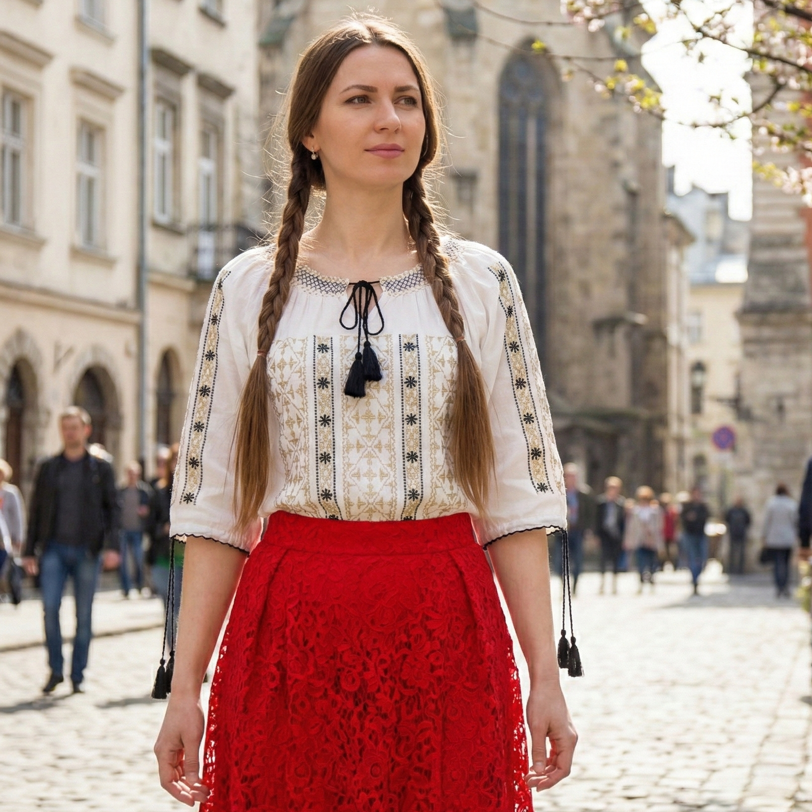 Dámska biela blúzka s krátkym rukávom so zlato-krémovo čiernou výšivkou