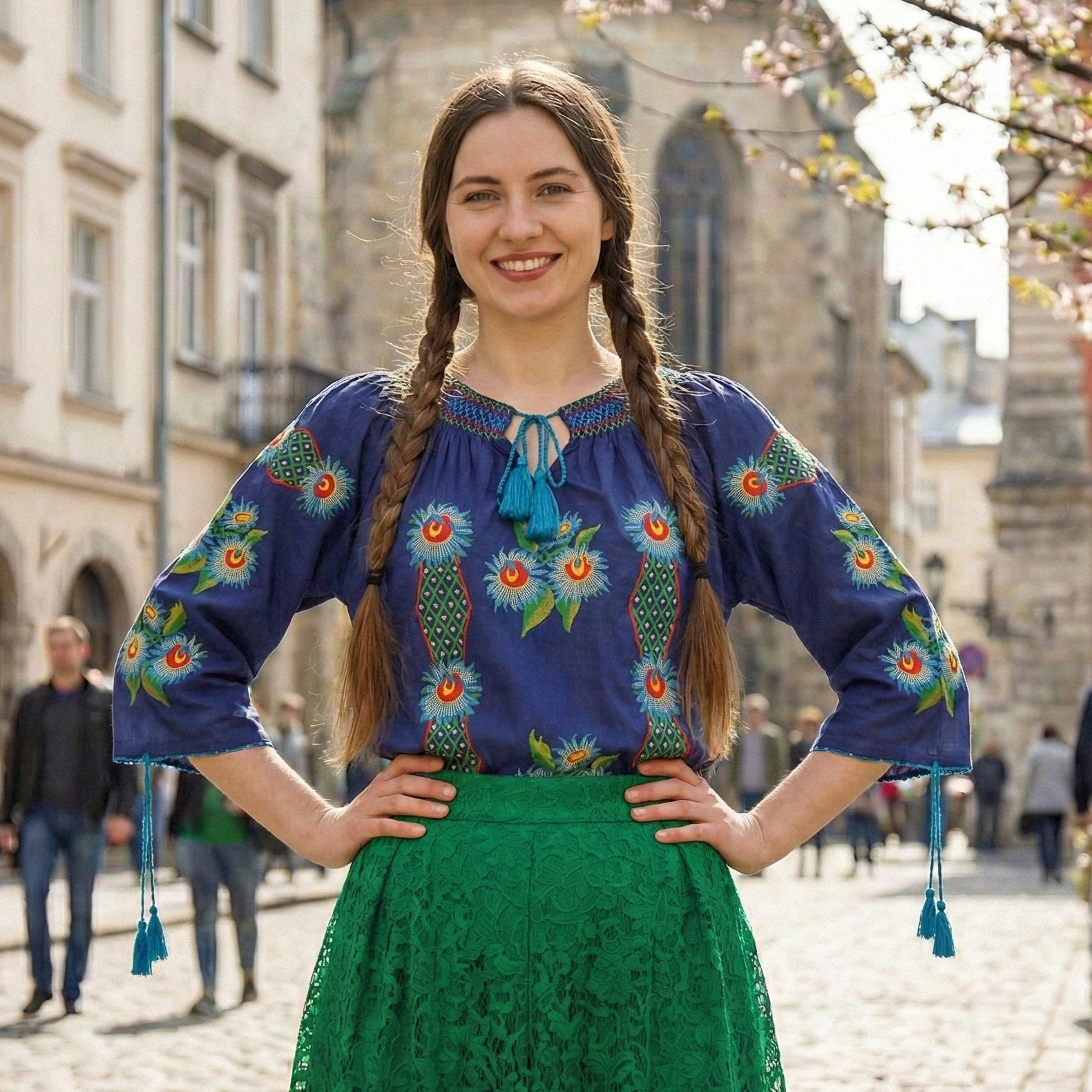 Dámska tmavomodrá bavlnená blúzka s výšivkami