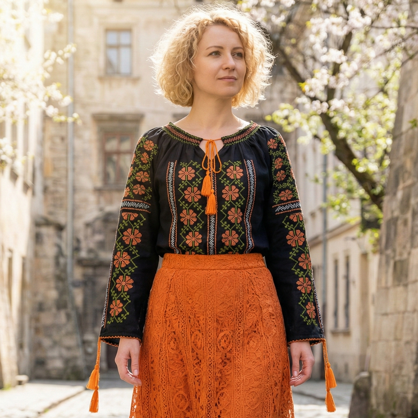 Dámska bavlnená čierna blúzka s oranžovo zelenou výšivkou