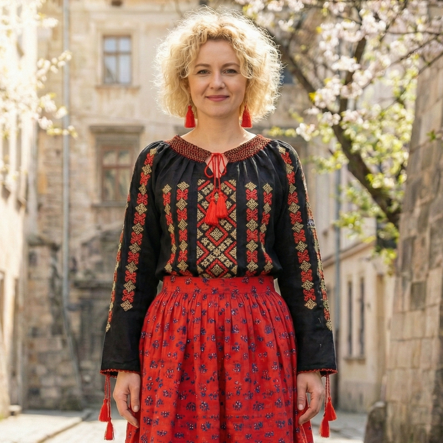 Dámska bavlnená čierna blúzka s červeno zlatou výšivkou