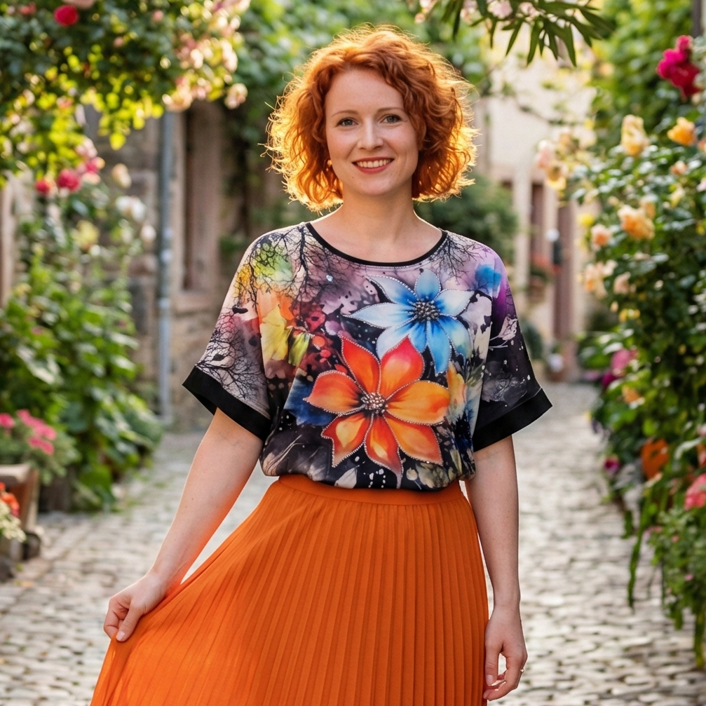 Dámska tričková blúzka s farebnými kvetmi a trblietkami na prednej strane