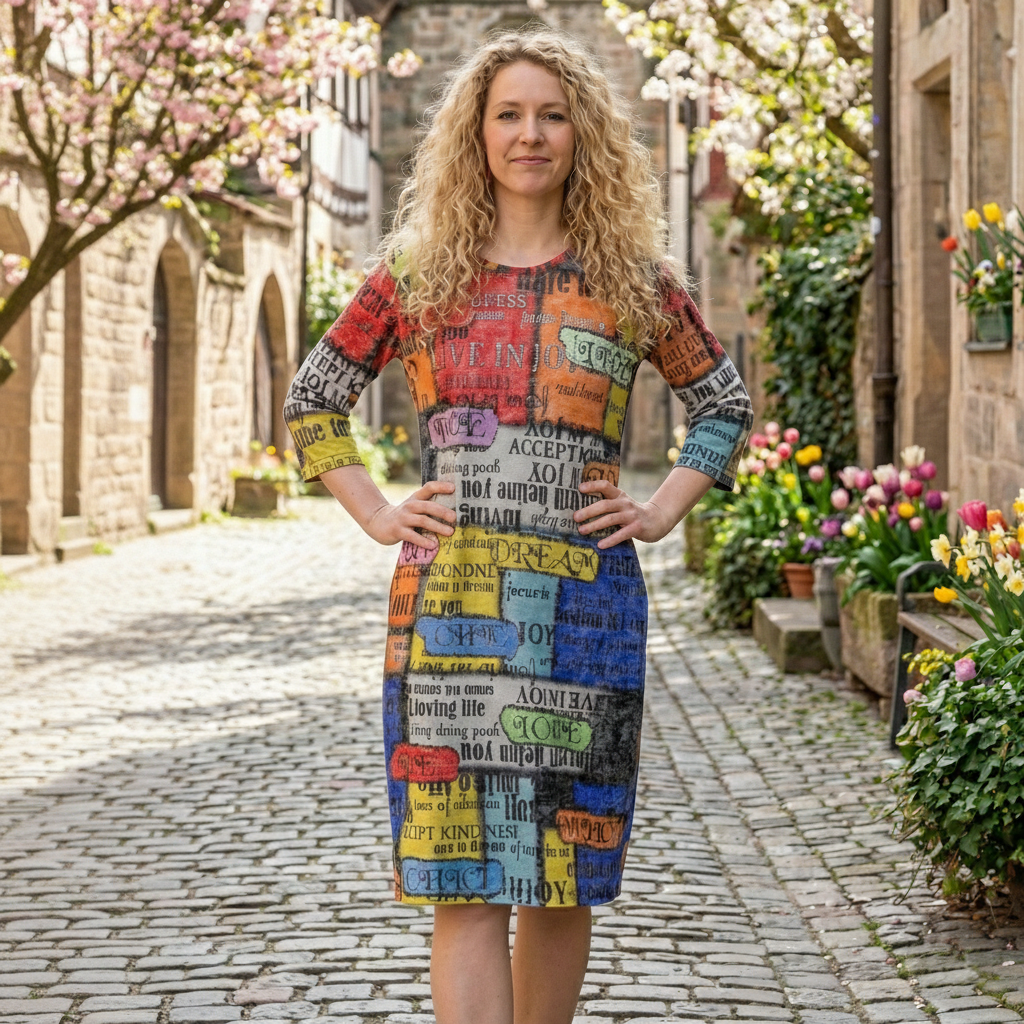 Dámske prechodné tunikové šaty s popísaným farebným abstraktným vzorom