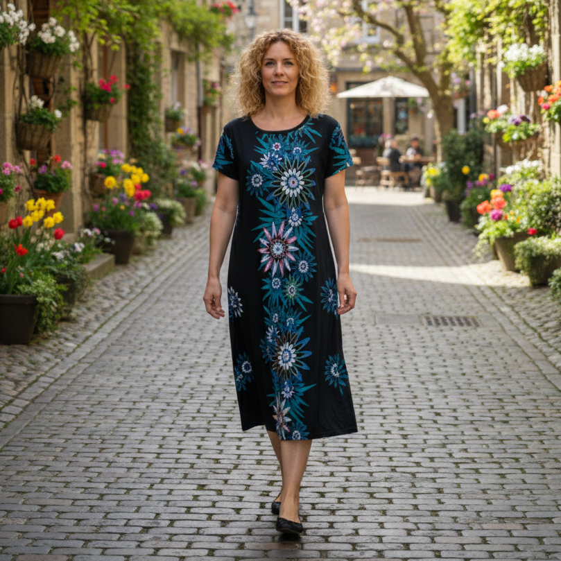 Dlhé dámske čierne šaty s veľkými kvetmi a vyšívanými aplikáciami